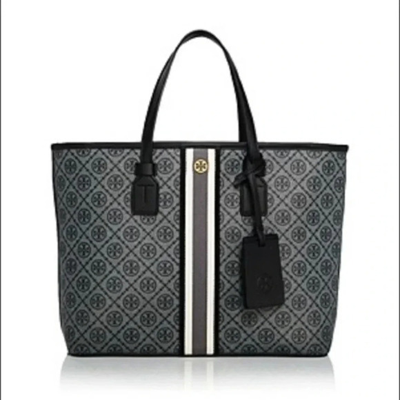 Tory Burch T Monogram Small Coated Canvas Tote In Black/gold - Picture 1 of 7